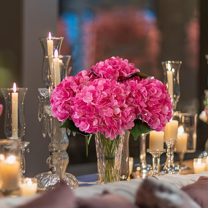 YalzoneMet 4Pcs Magenta Silk Hydrangea Artificial Flower Rose Red Lifelike Big Blooms 20'' Long Stem Faux Hydrangea Flower Bouquets for Home Party Indoor Outdoor Wedding Table Centerpiece Decor