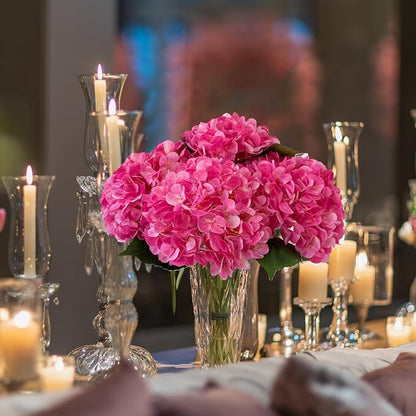 YalzoneMet 4Pcs Magenta Silk Hydrangea Artificial Flower Rose Red Lifelike Big Blooms 20'' Long Stem Faux Hydrangea Flower Bouquets for Home Party Indoor Outdoor Wedding Table Centerpiece Decor