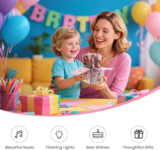 3D Pop Up Birthday Cards with Music, LED Light Musical Happy Birthday Gift Box for Women, Flowers and Butterflies Handmade Foldable Flower Box with Envelope for Mom Wife Daughter Sister