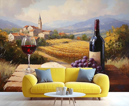 KIREUPA Tuscany Vineyard Wall Mural, Countryside Winery Scene 3d Wall Murals, Italian Rural Landscape Wallpaper Mural, for Living Room Bedroom Large Wallpaper Indoor Decor 118" W x 82.6 "H