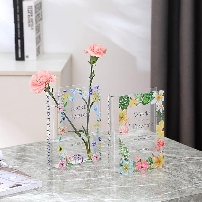 Book Vase, Acrylic Book Vase for Flowers, Book Flower Vase Clear, Small Book Shaped Vase, Clear Book Vases, Modern Decorative Vases for Home, Bedroom, Living Room, Office, Set of 2