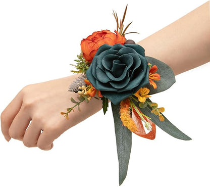 Ling's moment 6pcs Wedding Wrist Corsage Artificial Flowers, Girl/Mother Homecoming Prom Corsages Wristlet Décor, etc. Teal Orange Terracotta