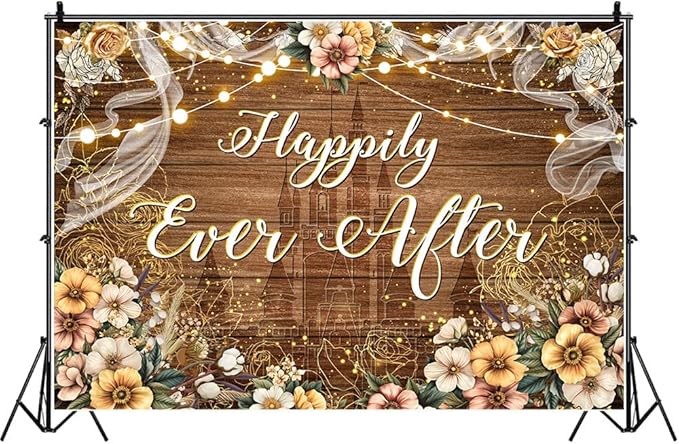 Happily Ever After Backdrop Bridal Shower Wedding Party Brown Wood Photography Background Boho Floral Golden Rose Dots Wedding Decor Banner Portrait Photo Booth Studio Props 9x6ft FU072YL
