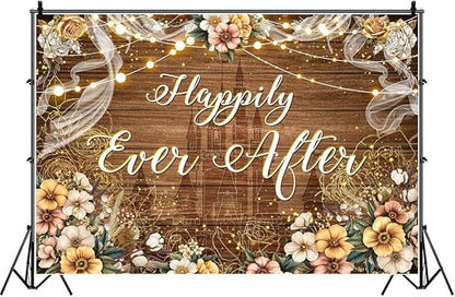 Happily Ever After Backdrop Bridal Shower Wedding Party Brown Wood Photography Background Boho Floral Golden Rose Dots Wedding Decor Banner Portrait Photo Booth Studio Props 9x6ft FU072YL