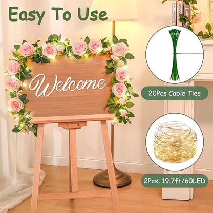 2 Pcs Flower Garland with 19.6 Ft Lights, 13.2 Ft Pink Floral Garland Fake Flowers for Wedding Arch Party Wall Garden Room Decor