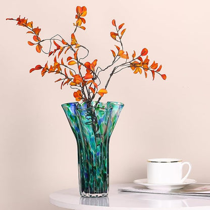 7.8" Tall Teal Vase Hand Blown Glass Vase Green, Modern Teal Home Centerpieces Wide Mouth Vases for Bud&Flower Decor - Ideal Living Room, Kitchen, Wedding, Dining Table, Office Center Table