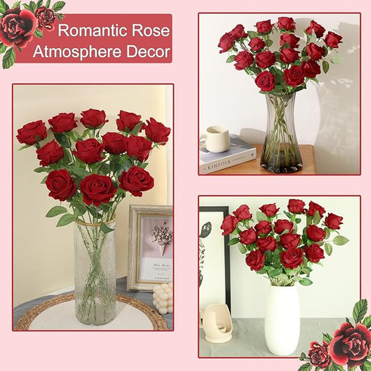 50Pcs Red Roses Artificial Flowers Fake Roses Faux Velvet Silk Flower for Home Wedding Decoration (Pearl Rose, Red)