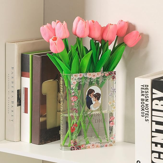 Book Vase, Acrylic Book Vase for Flowers, A Book About Flowers Vase, Book Shaped Vase, Book Flower Vase Clear, Modern Decorative Vase for Living Room, Bathroom, Office, Shelf, Set of 2