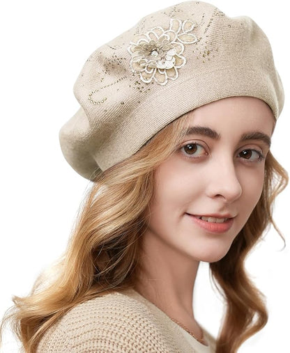 Flower Embroidery Beret Hat for Women, French Style Knitted Beret Hats, Stylish Solid Color Beret Cap for Women Girls Lady