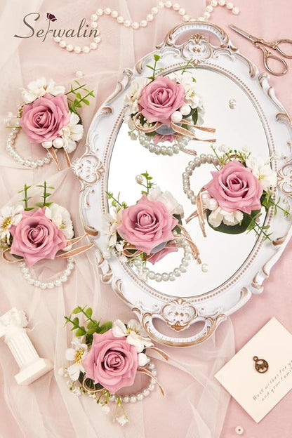 Serwalin 6 PCS Pink Rose Wrist Corsages for Wedding, Corsages for Prom Homecoming Party Corsage Hand Decor for Bride Bridesmaids, Mother of Bride and Groom
