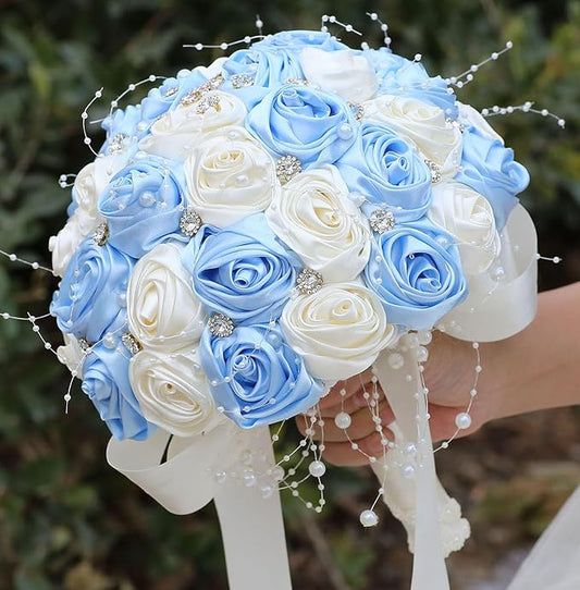 Bridal Wedding Bouquet Round Bling Brooch Bouquet Throw Toss Artificial Rose Flower Bunch for Bride Bridesmaid Wedding Quinceanera(Light Blue & Ivory, 8.7")