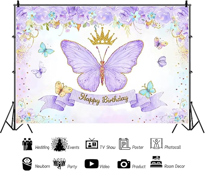 Renaiss 9x7ft Happy Birthday Backdrop Purple Butterfly Flowers Gold Crown Photography Background Daughter Girl Princess Birthday Party Decor Dessert Table Banner Portrait Selfie Group Photo Props
