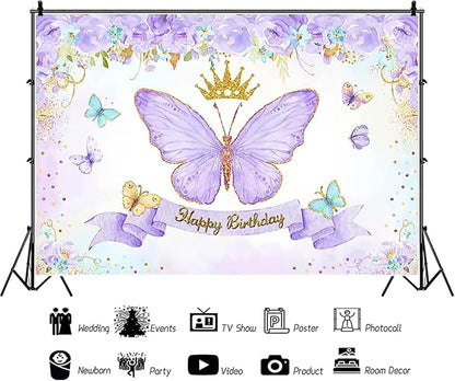 Renaiss 9x7ft Happy Birthday Backdrop Purple Butterfly Flowers Gold Crown Photography Background Daughter Girl Princess Birthday Party Decor Dessert Table Banner Portrait Selfie Group Photo Props