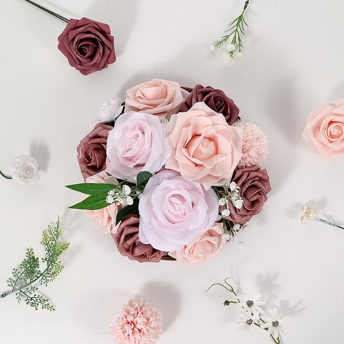 Artificial Flowers Combo Dusty Pink White Roses with Stems Leafs Bouquets Bridal Wedding Shower Decorations Fake Floral for Party Table Centerpieces
