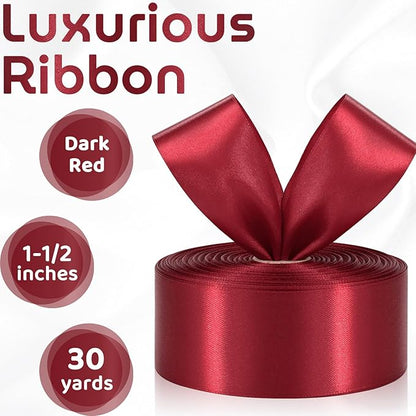 30 Yards 1-1/2 inch Wine Red Satin Ribbon Solid Dark Red Ribbons Roll for Wedding Invitations, Bridal Bouquets, Christmas Party Decorations, Gift Wrapping, Crafts and More