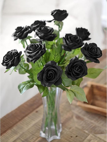 FiveSeasonStuff Fake Black Roses Wedding Flowers Real Touch Silk Artificial Flowers 12 Stems