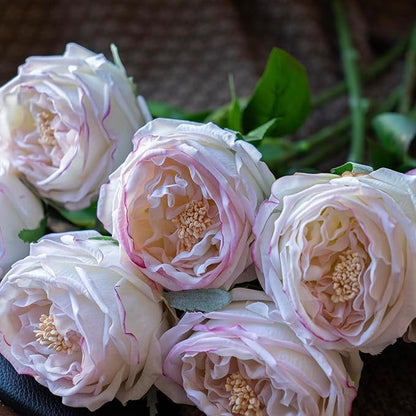 Light Pink 4pcs Fake Flowers for Decoration Home Decor Real Touch Artificial Flowers Austin Rose Peony Latex Fake Flower Living Room Decoration Vivid Pink Roses Peonies(Pink Edge 4pcs)