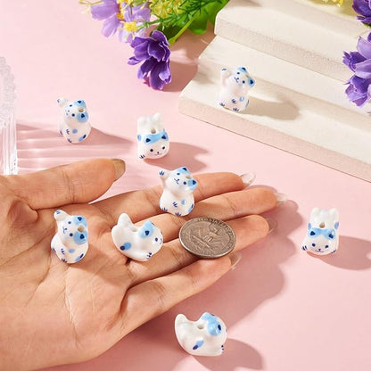 Beadthoven 8Pcs Lucky Cat Porcelain Beads 3D Blue White Handmade Craft Beads Animal Ceramic Cat Printed Ceramic Spacers with Hole for DIY Necklace Bracelet Keychain Craft Jewelry Making Supplies