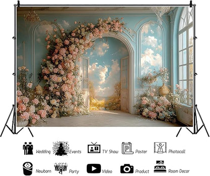 Baocicco 7x5ft Floral Wall Photography Background Romantic Style Arch Door Oil Painting Flowers Photo Background for Women Wedding Party Banner Supplies Girls Birthday Decorations Photoshoot Studio
