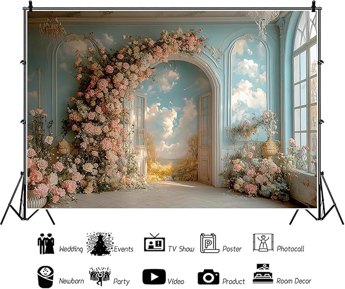 Baocicco 10x7ft Floral Wall Photography Background Romantic Style Arch Door Oil Painting Flowers Photo Background for Women Wedding Party Banner Supplies Girls Birthday Decorations Photoshoot Studio