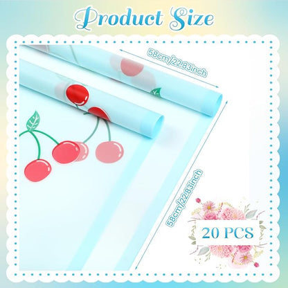 Liobelon 20 Sheets Flower Wrapping Paper Waterproof Bouquet Paper with Cherry Pattern Blue Gift Wrapping Paper for Flower Shop, Wedding, Birthday Party, Handmade DIY, Anniversary 22.8 x 22.8 Inch