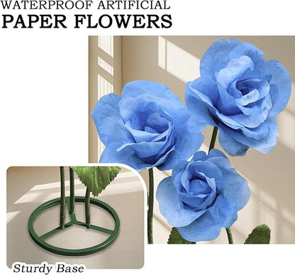 3pc Wedding Decorations for Reception, Giant Flowers for Decoration,Standing Huge Paper Flower, for Outdoor Garden Party Ceremony Reception Photography Props (Blue)