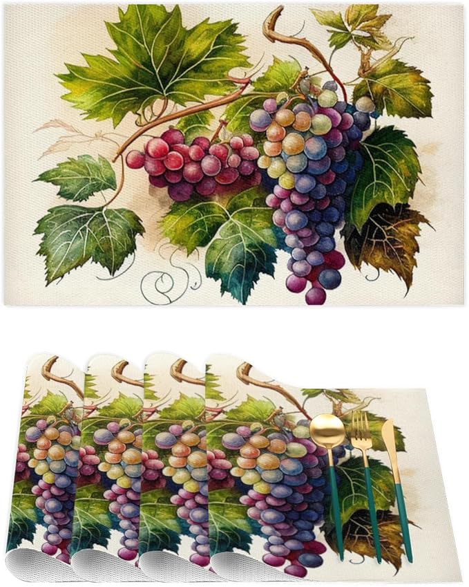 Fruit Grapes Purple Abstract Placemats Set of 6 PVC Vinyl Non Slip Table Mats Waterproof Heat Resistant Place Mats Washable Wipeable Dining Table Mat for Kitchen Party Indoor Outdoor Decorative