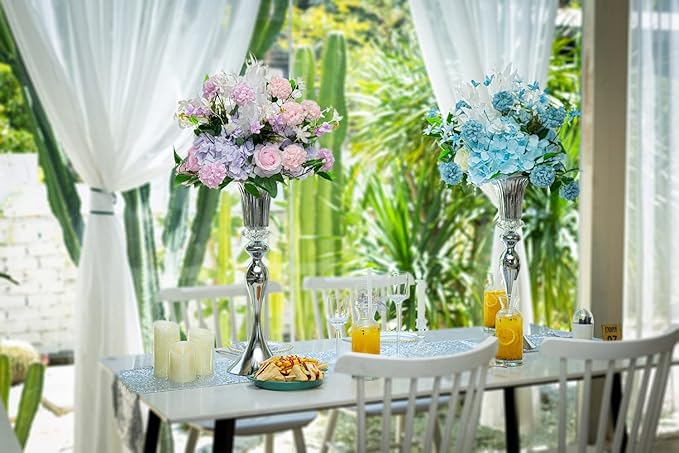 LANLONG Silver Metal Trumpet Vase, 22in Wedding Reception Centerpiece, 2Pcs Set, with Crystal Bead for Home Decor