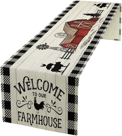 Rustic Farmhouse Table Runner Vintage Western Farm Cow Rooster Red Barn Cabin Country Lodge Dinner Runner for Home Kitchen Dinner Table Party Decoration 13x36in