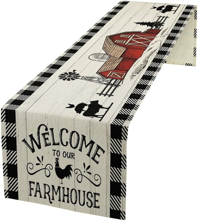 Rustic Farmhouse Table Runner Vintage Western Farm Cow Rooster Red Barn Cabin Country Lodge Dinner Runner for Home Kitchen Dinner Table Party Decoration 13x120in