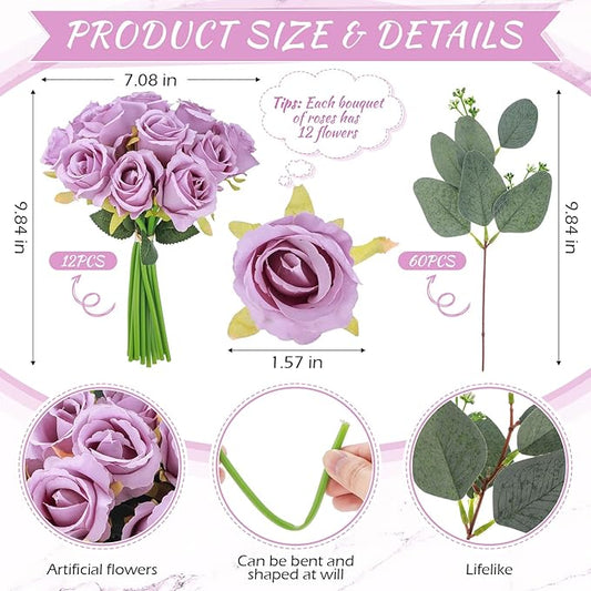 Zeyune 12 Pack Wedding Bridesmaids Bouquets 7 Inch Artificial Rose Bouquets Silk Flowers with Stems Fake Floral Bundles Bulk for Wedding Bridal Shower Party Centerpieces Home Decor(Purple)
