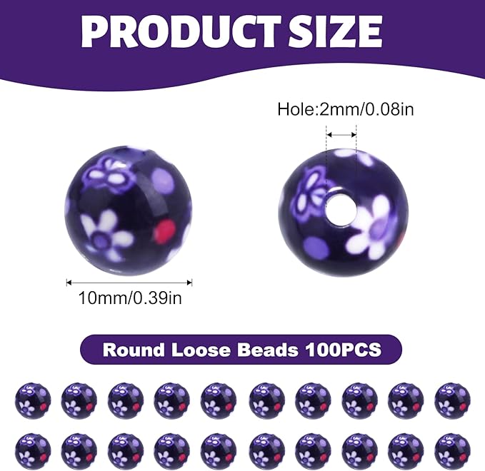 100 PCS 10mm Resin Beads Bulk for Bracelet Making Kit, Blue Flower Printed Round Loose Beads for Jewelry Earring Necklace Rings Art Craft DIY Projects