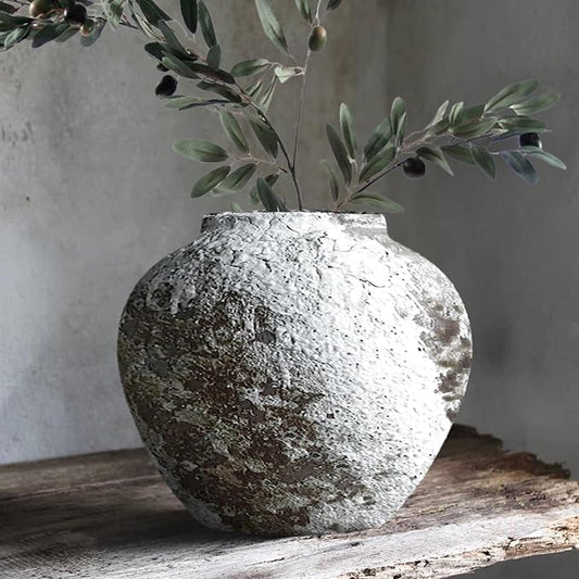 Rustic Ceramic Circular Flower Vase Farmhouse Clay Pottery Large Terracotta Floor Vases for Decorative Centerpiece Vintage Home Decor Aesthetic for Living Room Bedroom Table Entryway
