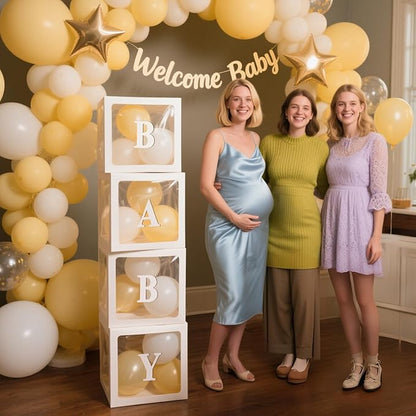 Ledido Baby Boxes with Letters for Baby Shower Decorations, 4 pcs Clear Baby Balloon Boxes Blocks for Baby Shower Decor with Letters for Boy Girl Gender Reveal Decorations Backdrop Party (White)