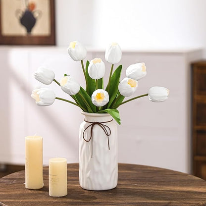10PCS Artificial 18.5" Long Stem White Tulips Bouquet PU Flowers, Fake 6 Color Tulip Faux Flowers with Bendable Stems for Floral Table Wedding Home Decor