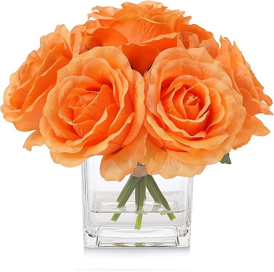 Silk Rose Artificial Flowers in Vase, Faux Floral Arrangement with Fake Water in Vase for Home Decor, Wedding Table (Orange)