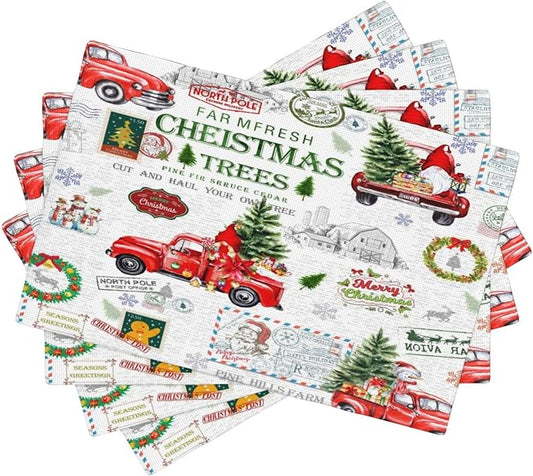 Christmas Placemats Simple Rustic Christmas Tree Red Gnome Truck Christmas Bells Gifts Wreath Snowman Greeting Card Placemats Table Kitchen Dining Party 12x18 Inch Set of 6