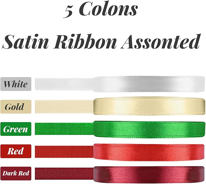5 Rolls 10mm 125 Yards Christmas Ribbons, Holiday Satin Ribbons Fabric for Gift Wrapping and DIY Craft, Red & Dark Red & Green & Gold &White