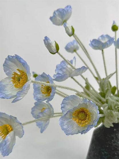 Set of 6 Light Blue Silk Poppy Flowers Artificial with Stems Silk Poppies Bouquet Faux Ranunculus Artificial Flowers for Wedding Party Home Office Indoor Decoration (Light Blue)