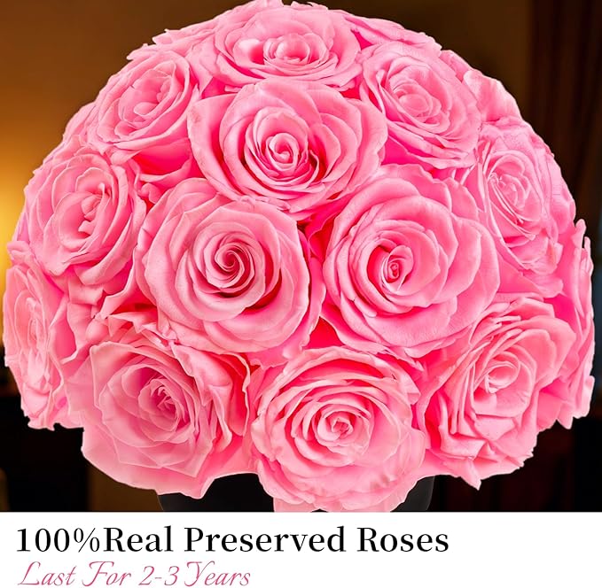 Eternal Rose Dome with Vintage Pedestal, 23 Forever Preserved Roses Arrangement for Home Decoration, Ideal Gift for Christmas,Valentine's Day, Mother's Day, Birthdays-Pink