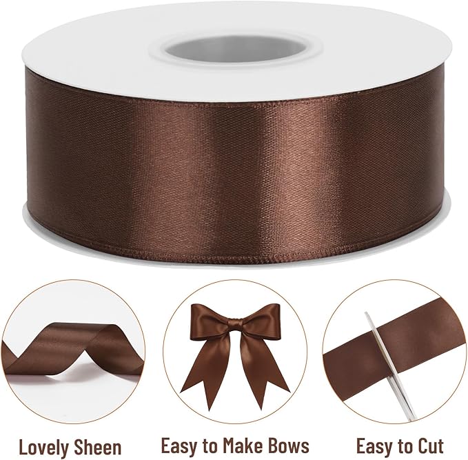 KINGLAKE Brown Satin Ribbon – 1 1/2'' x 100 Yards Polyester Brown Ribbon for Gift Wrapping, Wedding, Party Decoration, DIY Crafts, Floral Bouquets and Wreath Bows