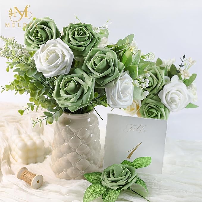 Meldel Artificial Flowers 25pcs Real Looking Elf Green Foam Fake Roses with Stems for DIY Wedding Bouquets Bridal Shower Centerpieces Floral Arrangements Home Decorations Bulk Crafts Rose