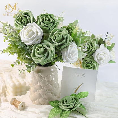 Meldel Artificial Flowers 25pcs Real Looking Elf Green Foam Fake Roses with Stems for DIY Wedding Bouquets Bridal Shower Centerpieces Floral Arrangements Home Decorations Bulk Crafts Rose