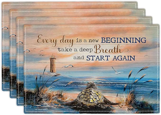 Sea Turtle Beach Summer Placemats Set of 4 Coastal Lighthouse Nautical Inspirational Quotes Double-Sided Table Mats for Dining Room Home Party Indoor 4 PCS 12x18 Inch