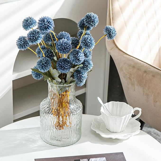 6 Artificial Silk Flowers + 3 Eucalyptus, Artificial Chrysanthemums with Stems for Home Decor, Dusty Blue