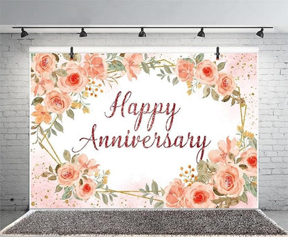 Leyiyi 15x10ft Happy Anniversary Backdrop Watercolor Pink Floral Rose Green Leaves Gold Dots Glitter Photography Background Cheers to Wedding Anniversary Bridal Shower Party Decorations Photo Props