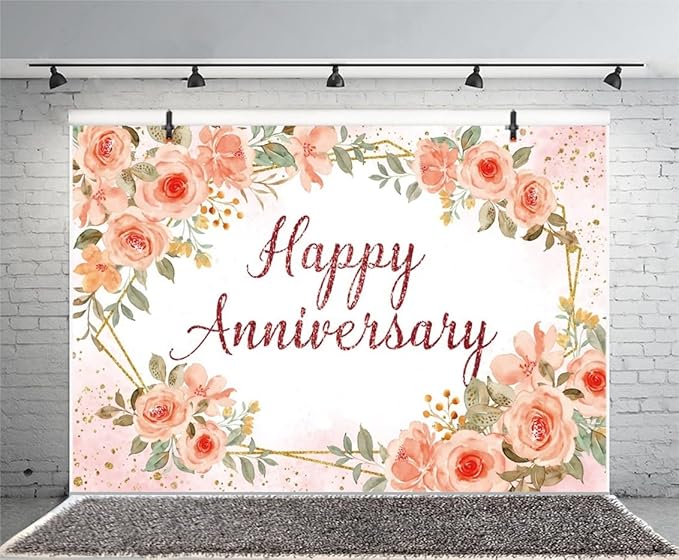 Leyiyi 9x6ft Happy Anniversary Backdrop Watercolor Pink Floral Rose Green Leaves Gold Dots Glitter Photography Background Cheers to Wedding Anniversary Bridal Shower Party Decorations Photo Props