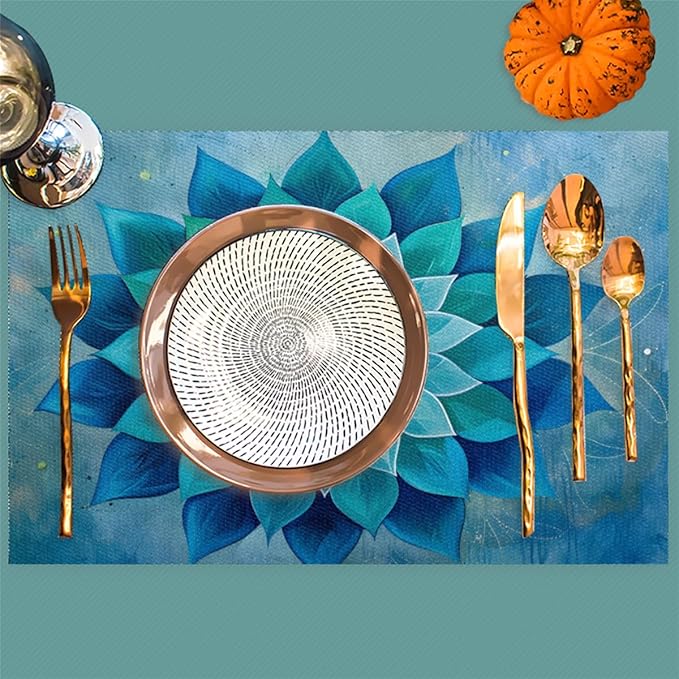 Teal Flower Mandala Placemats Set of 4 PVC Vinyl Non Slip Table Mats Waterproof Heat Resistant Place Mats Washable Wipeable Dining Table Mat for Kitchen Party Indoor Outdoor Decorative