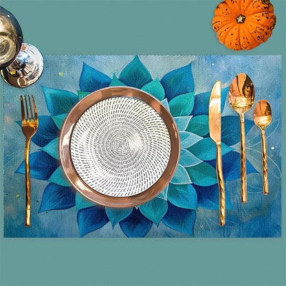 Teal Flower Mandala Placemats Set of 4 PVC Vinyl Non Slip Table Mats Waterproof Heat Resistant Place Mats Washable Wipeable Dining Table Mat for Kitchen Party Indoor Outdoor Decorative