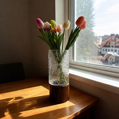 10 Inch Large Artistic Wood Base Glass Cylinder Flower Vase, Ins Modern Boho Water Wave Style for Home Kitchen Fireplace Office Desks, Houses, Garden Decorations